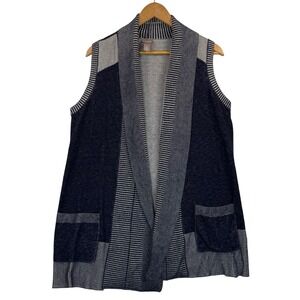 CHICO'S Navy Two-Tone Open Front Sweater Vest Front Pockets Lightweight Sz 1 M/8